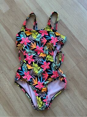 Cat & Jack Black Neon Tropical Cutout One-Piece Swimsuit 12